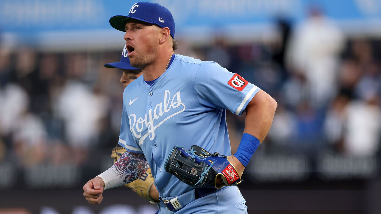 NEW YORK, NEW YORK - APRIL 15: Hunter Renfroe #16 of the Kansas City Royals reacts after making the catch for the last out int he third inning against the New York Yankees the New York Yankees at Yankee Stadium on April 15, 2025 in the Bronx borough of New York City. All players are wearing the number 42 in honor of Jackie Robinson Day.