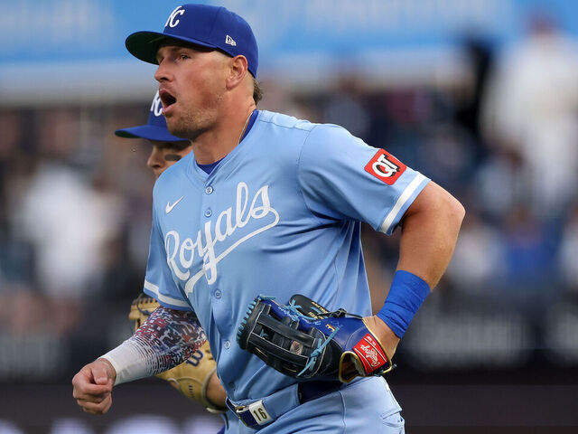 NEW YORK, NEW YORK - APRIL 15: Hunter Renfroe #16 of the Kansas City Royals reacts after making the catch for the last out int he third inning against the New York Yankees the New York Yankees at Yankee Stadium on April 15, 2025 in the Bronx borough of New York City. All players are wearing the number 42 in honor of Jackie Robinson Day.