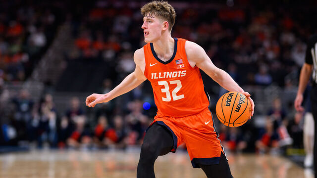 INDIANAPOLIS, IN - MARCH 14: Illinois Fighting Illini guard Kasparas Jakucionis (32) drives to the lane during the men's Big Ten tournament college basketball game between the Maryland Terrapins and Illinois Fighting Illini on March 14, 2025, at Gainbridge Fieldhouse in Indianapolis, IN.