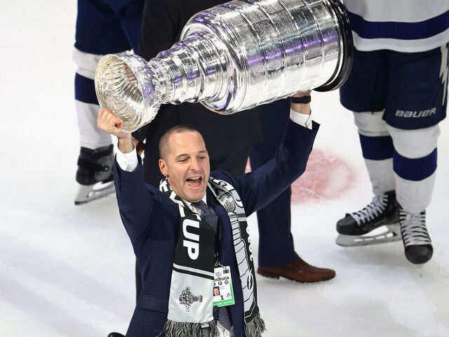 EDMONTON, ALBERTA - SEPTEMBER 28: Mathieu Darche of the Tampa Bay Lightning holds the Stanley Cup following the series-winning victory over the Dallas Stars in Game Six of the 2020 NHL Stanley Cup Final at Rogers Place on September 28, 2020 in Edmonton, Alberta, Canada.