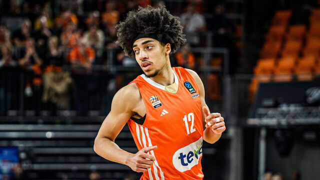 Neu-Ulm, Germany - February 5: Noa Essengue of ratiopharm ulm looks on during the EuroCup match between Ratiopharm ulm and Tel Aviv at ratiopharm Arena on February 5, 2025 in Neu-Ulm, Germany.