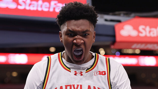 INDIANAPOLIS, INDIANA - MARCH 15: Derik Queen #25 of the Maryland Terrapins celebrates against the Michigan Wolverines during the second half in the Big Ten men's basketball tournament semifinals at Gainbridge Fieldhouse on March 15, 2025 in Indianapolis, Indiana.