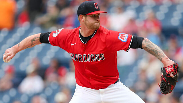 CLEVELAND, OH - MAY 12: Cleveland Guardians starting pitcher Ben Lively (39) delivers a pitch to the plate during the first inning of the Major League Baseball Interleague game between the Milwaukee Brewers and Cleveland Guardians on May 12, 2025, at Progressive Field in Cleveland, OH.