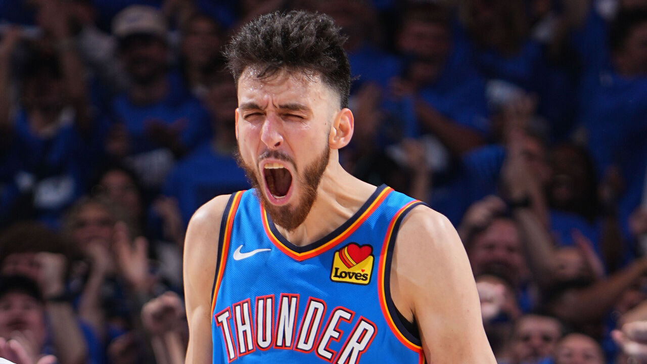 OKLAHOMA CITY, OK - MAY 22: Chet Holmgren #7 of the Oklahoma City Thunder celebrates during the game against the Minnesota Timberwolves during Game 2 of the Western Conference Finals on May 22, 2025 at Paycom Center in Oklahoma City, Oklahoma. Mandatory Copyright Notice: Copyright 2025 NBAE