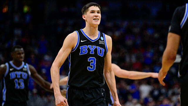 DENVER, COLORADO - MARCH 22: Egor Demin #3 of the Brigham Young Cougars celebrates after a play against the Wisconsin Badgers in the first half in the second round of the NCAA Men's Basketball Tournament at Ball Arena on March 22, 2025 in Denver, Colorado.