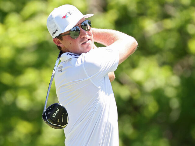 FORT WORTH, TEXAS - MAY 23: Ben Griffin of the United States plays his shot from the sixth tee during the second round of the Charles Schwab Challenge 2025 at Colonial Country Club on May 23, 2025 in Fort Worth, Texas.