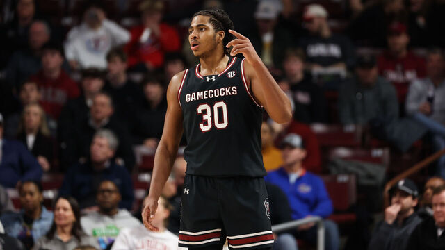 COLUMBIA, SOUTH CAROLINA - JANUARY 22: Collin Murray-Boyles #30 of the South Carolina Gamecocks gestures against the Florida Gators at Colonial Life Arena on January 22, 2025 in Columbia, South Carolina.