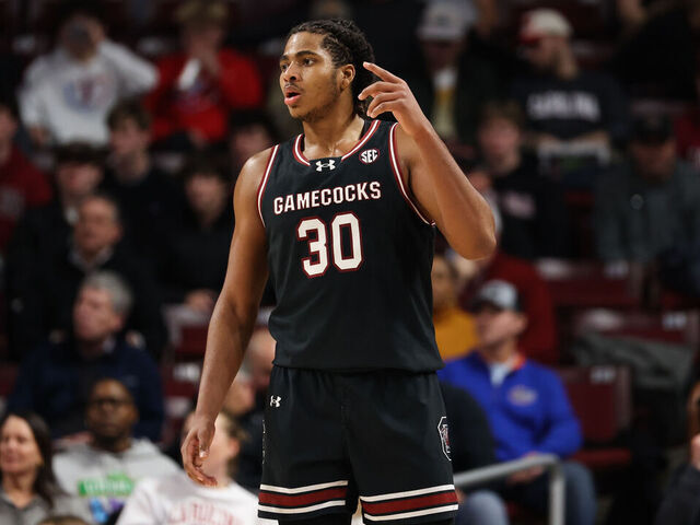 COLUMBIA, SOUTH CAROLINA - JANUARY 22: Collin Murray-Boyles #30 of the South Carolina Gamecocks gestures against the Florida Gators at Colonial Life Arena on January 22, 2025 in Columbia, South Carolina.