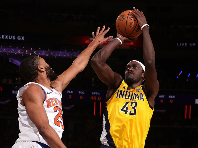 NEW YORK, NY - MAY 23: Pascal Siakam #43 of the Indiana Pacers shoots the ball during the game against the New York Knicks during Game 2 of the 2025 Eastern Conference Finals on May 23, 2025 at Madison Square Garden in New York City, New York. Mandatory Copyright Notice: Copyright 2025 NBAE