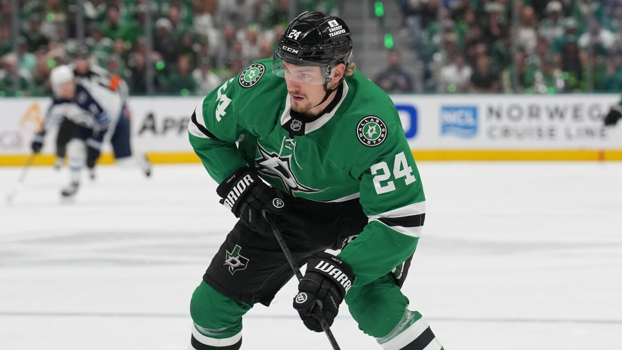 DALLAS, TX - MAY 17: Roope Hintz #24 of the Dallas Stars handles the puck against the Winnipeg Jets in the second period of Game Six of the Second Round of the 2025 Stanley Cup Playoffs at the American Airlines Center on may 17, 2025 in Dallas, Texas.