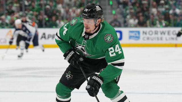 DALLAS, TX - MAY 17: Roope Hintz #24 of the Dallas Stars handles the puck against the Winnipeg Jets in the second period of Game Six of the Second Round of the 2025 Stanley Cup Playoffs at the American Airlines Center on may 17, 2025 in Dallas, Texas.
