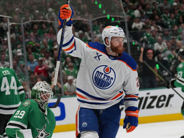 DALLAS, TX - MAY 23: Connor Brown #28 of the Edmonton Oilers celebrates a goal against the Dallas Stars in the second period of Game Two of the Western Conference Finals of the 2025 Stanley Cup Playoffs at the American Airlines Center on May 23, 2025 in Dallas, Texas.