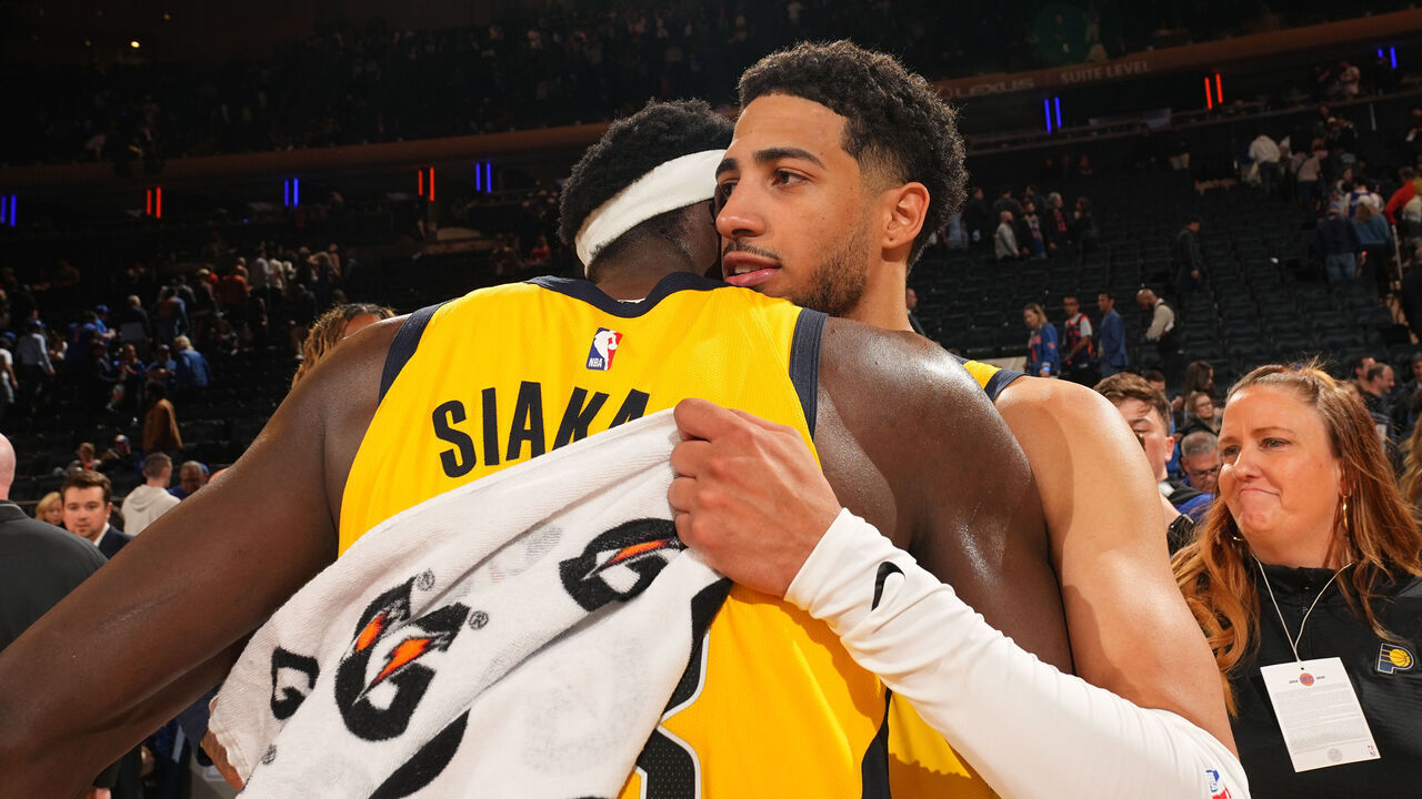 NEW YORK, NY - MAY 23: Tyrese Haliburton #0 and Pascal Siakam #43 of the Indiana Pacers hug after the game against the New York Knicks during Game 2 of the 2025 Eastern Conference Finals on May 23, 2025 at Madison Square Garden in New York City, New York. Mandatory Copyright Notice: Copyright 2025 NBAE
