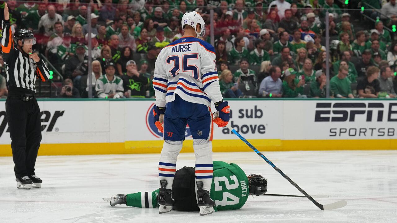 DALLAS, TX - MAY 23: Darnell Nurse #25 of the Edmonton Oilers stands over against Roope Hintz #24 of the Dallas Stars in the third period of Game Two of the Western Conference Finals of the 2025 Stanley Cup Playoffs at the American Airlines Center on May 23, 2025 in Dallas, Texas.