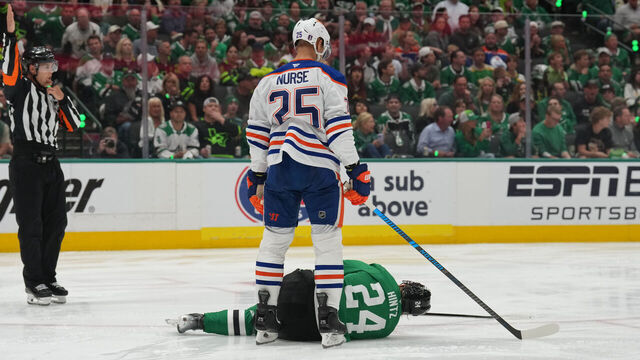 DALLAS, TX - MAY 23: Darnell Nurse #25 of the Edmonton Oilers stands over against Roope Hintz #24 of the Dallas Stars in the third period of Game Two of the Western Conference Finals of the 2025 Stanley Cup Playoffs at the American Airlines Center on May 23, 2025 in Dallas, Texas.