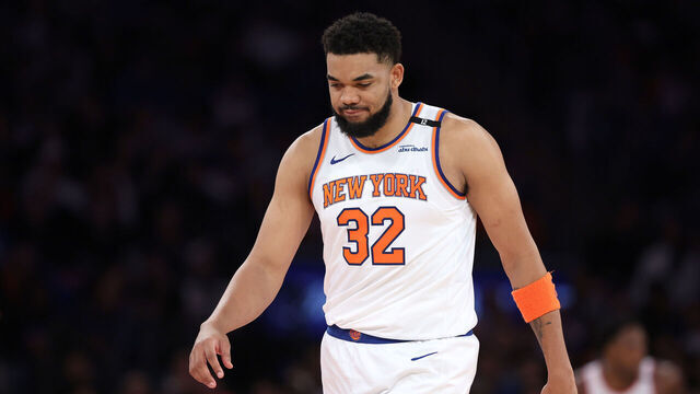 NEW YORK, NEW YORK - MAY 21: Karl-Anthony Towns #32 of the New York Knicks reacts during the second quarter against the Indiana Pacers in Game One of the Eastern Conference Finals of the 2025 NBA Playoffs at Madison Square Garden on May 21, 2025 in New York City.