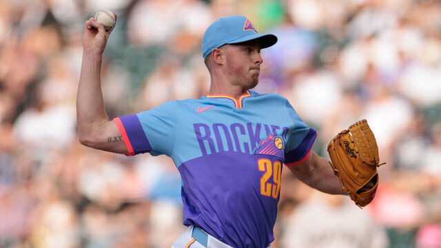 DENVER, COLORADO - MAY 23: Tanner Gordon #29 of the Colorado Rockies delivers a pitch during the first inning against the New York Yankees at Coors Field on May 23, 2025 in Denver, Colorado.