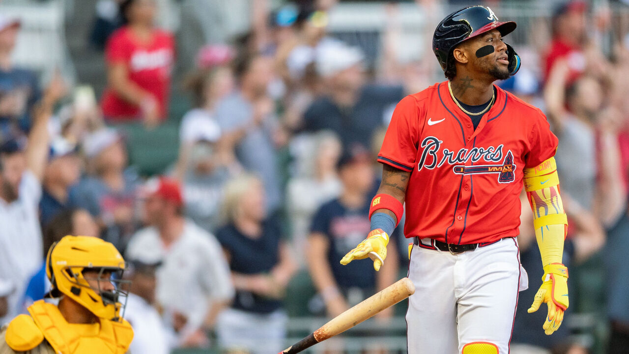 ATLANTA, GA - MAY 23: Ronald Acuña Jr. #13 of the Atlanta Braves hits a solo home run in the first inning during the game between the San Diego Padres and the Atlanta Braves at Truist Park on Friday, May 23, 2025 in Atlanta, Georgia.