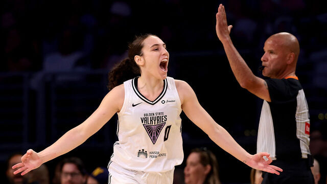 LOS ANGELES, CALIFORNIA - MAY 23: Carla Leite #0 of the Golden State Valkyries celebrates a three-point basket during the third quarter against the Los Angeles Sparks at Crypto.com Arena on May 23, 2025 in Los Angeles, California.