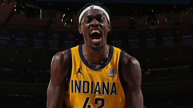 NEW YORK, NY - MAY 23: Pascal Siakam #43 of the Indiana Pacers celebrates during the game against the New York Knicks during Game 2 of the 2025 Eastern Conference Finals on May 23, 2025 at Madison Square Garden in New York City, New York. Mandatory Copyright Notice: Copyright 2025 NBAE