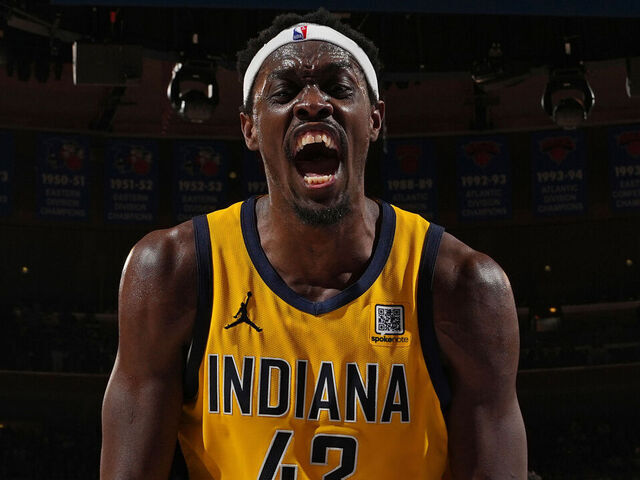 NEW YORK, NY - MAY 23: Pascal Siakam #43 of the Indiana Pacers celebrates during the game against the New York Knicks during Game 2 of the 2025 Eastern Conference Finals on May 23, 2025 at Madison Square Garden in New York City, New York. Mandatory Copyright Notice: Copyright 2025 NBAE