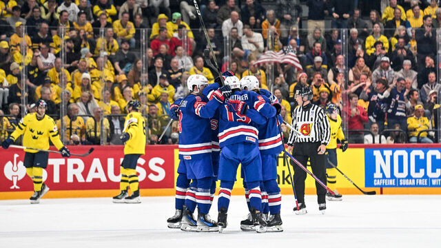 STOCKHOLM, SWEDEN - MAY 24: USA celebrate a goal scored by Cutter Gauthier of United States during the 2025 Ice Hockey World Championship match between Sweden and USA at Avicii Arena on May 24, 2025 in Stockholm, Sweden.