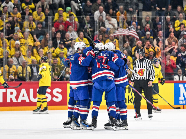 STOCKHOLM, SWEDEN - MAY 24: USA celebrate a goal scored by Cutter Gauthier of United States during the 2025 Ice Hockey World Championship match between Sweden and USA at Avicii Arena on May 24, 2025 in Stockholm, Sweden.