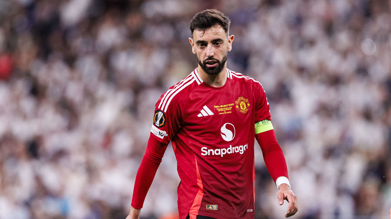 BILBAO, SPAIN - MAY 21: Bruno Fernandes of Manchester United looks on during the UEFA Europa League Final 2025 between Tottenham Hotspur and Manchester United at on May 21, 2025 in Bilbao, Spain.