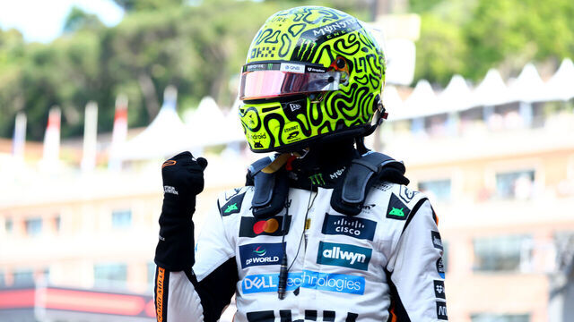 MONTE-CARLO, MONACO - MAY 24: Pole position qualifier Lando Norris of Great Britain and McLaren celebrates on arrival in parc ferme during qualifying ahead of the F1 Grand Prix of Monaco at Circuit de Monaco on May 24, 2025 in Monte-Carlo, Monaco