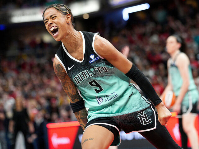 INDIANAPOLIS, IN - MAY 24: Natasha Cloud #9 of the New York LIberty celebrates during the game against the Indiana Fever on May 24, 2025 at Gainbridge Fieldhouse in Indianapolis, Indiana. Mandatory Copyright Notice: Copyright 2025 NBAE