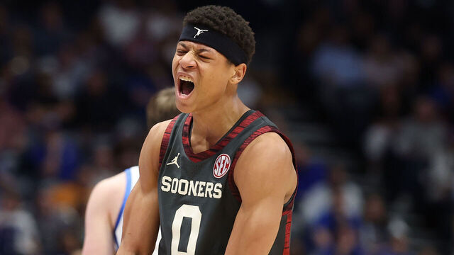 NASHVILLE, TENNESSEE - MARCH 12: Jeremiah Fears #0 of the Oklahoma Sooners celebrates against the Kentucky Wildcats during the SEC Men's Basketball Tournament - First Round at Bridgestone Arena on March 12, 2025 in Nashville, Tennessee.