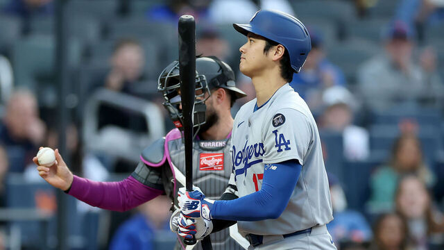 NEW YORK, NEW YORK - MAY 24: Shohei Ohtani #17 of the Los Angeles Dodgers reacts after striking out in the first inning as Luis Torrens #13 of the New York Mets defends at Citi Field on May 24, 2025 in the Flushing neighborhood of the Queens borough of New York City.