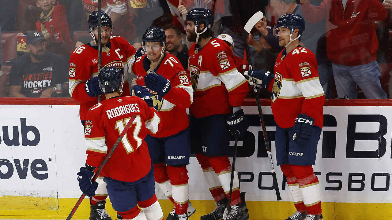SUNRISE, FLORIDA -MAY 24: Jesper Boqvist #70 of the Florida Panthers celebrates his goal with teammates during the third period against the Carolina Hurricanes in Game Three of the Eastern Conference Final of the 2025 Stanley Cup Playoffs at the Amerant Bank Arena on May 24, 2025 in Sunrise, Florida.