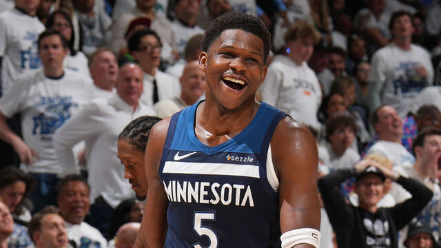 MINNEAPOLIS, MN - MAY 24: Anthony Edwards #5 of the Minnesota Timberwolves smiles during the game against the Oklahoma City Thunder during Game 3 of the 2025 NBA Western Conference Finals on May 24, 2025 at Target Center in Minneapolis, Minnesota. Mandatory Copyright Notice: Copyright 2025 NBAE