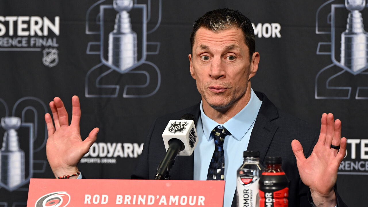RALEIGH, NC - MAY 22: Carolina Hurricanes head coach Rod Brind'Amour participates in a press conference after game two of the Eastern Conference Final of the NHL Stanley Cup Playoffs between the Florida Panthers and the Carolina Hurricanes on May 22, 2025 at Lenovo Center in Raleigh, North Carolina.