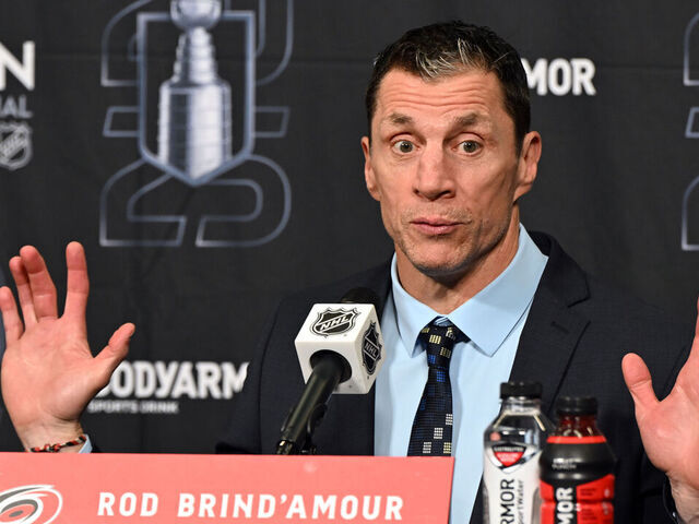RALEIGH, NC - MAY 22: Carolina Hurricanes head coach Rod Brind'Amour participates in a press conference after game two of the Eastern Conference Final of the NHL Stanley Cup Playoffs between the Florida Panthers and the Carolina Hurricanes on May 22, 2025 at Lenovo Center in Raleigh, North Carolina.