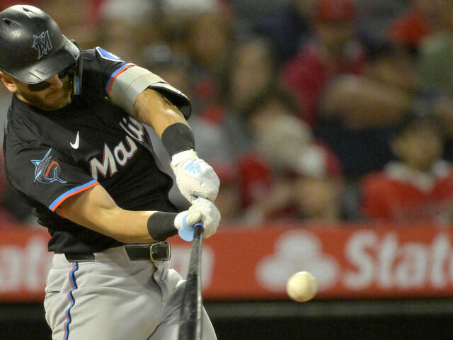 ANAHEIM, CALIFORNIA - MAY 24: Connor Norby #1 of the Miami Marlins hits a three-run home run in the seventh inning against the Los Angeles Angels at Angel Stadium of Anaheim on May 24, 2025 in Anaheim, California.