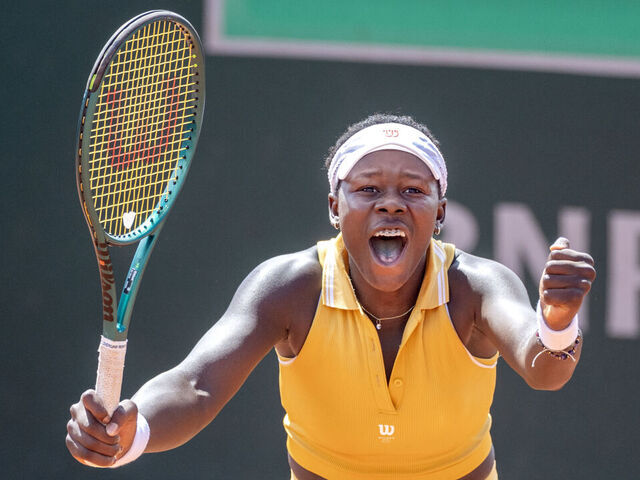 PARIS, FRANCE - MAY 25: Victoria Mboko of Canada celebrates her victory against Lulu Sun of New Zealand in the first round of the singles competition on Court Nine during the 2025 French Open Tennis Tournament at Roland Garros on May 25th, 2025, in Paris, France.