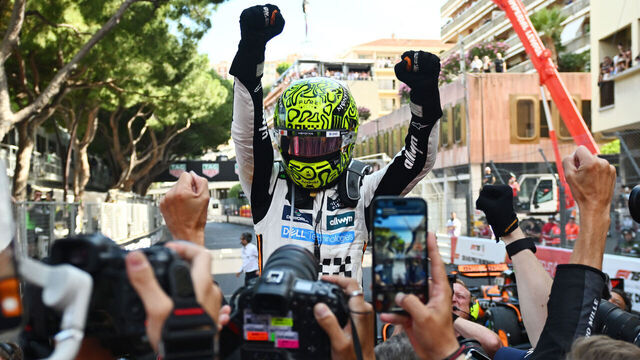 MONTE-CARLO, MONACO - MAY 25: Race winner Lando Norris of Great Britain and McLaren celebrates in parc ferme during the F1 Grand Prix of Monaco at Circuit de Monaco on May 25, 2025 in Monte-Carlo, Monaco.