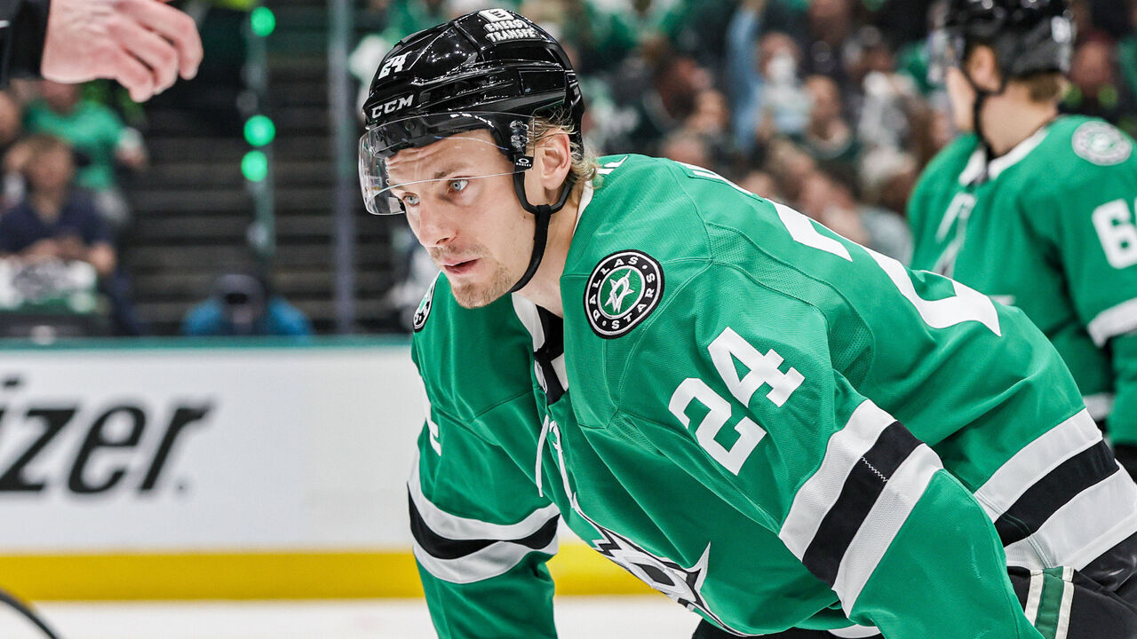 DALLAS, TX - APRIL 28: Dallas Stars center Roope Hintz (24) waits for play to start during game 5 of the first round of the Stanley Cup playoffs between the Dallas Stars and the Colorado Avalanche on April 28, 2025 at American Airlines Center in Dallas, Texas.