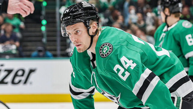 DALLAS, TX - APRIL 28: Dallas Stars center Roope Hintz (24) waits for play to start during game 5 of the first round of the Stanley Cup playoffs between the Dallas Stars and the Colorado Avalanche on April 28, 2025 at American Airlines Center in Dallas, Texas.