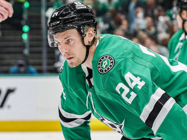DALLAS, TX - APRIL 28: Dallas Stars center Roope Hintz (24) waits for play to start during game 5 of the first round of the Stanley Cup playoffs between the Dallas Stars and the Colorado Avalanche on April 28, 2025 at American Airlines Center in Dallas, Texas.