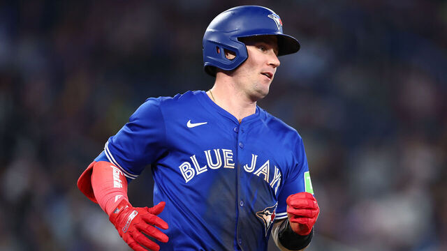 TORONTO, ON - MAY 13: Tyler Heineman #55 of the Toronto Blue Jays runs to first base during a game against the Tampa Bay Rays at Rogers Centre on May 13, 2025 in Toronto, Ontario, Canada.