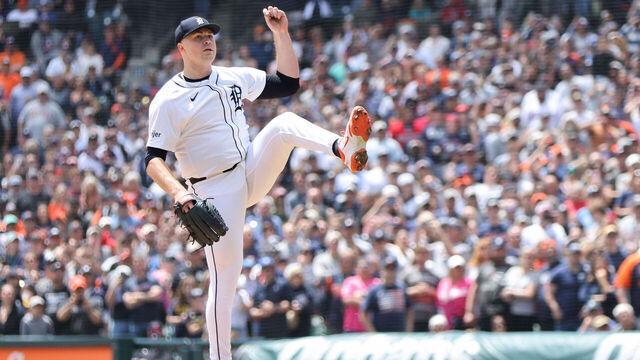 DETROIT, MI - MAY 25: Tarik Skubal #29 of the Detroit Tigers reacts after throwing the final strikeout in his first career complete game to win the game between the Cleveland Guardians and the Detroit Tigers at Comerica Park on Sunday, May 25, 2025 in Detroit, Michigan.