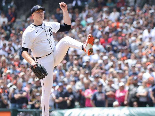 DETROIT, MI - MAY 25: Tarik Skubal #29 of the Detroit Tigers reacts after throwing the final strikeout in his first career complete game to win the game between the Cleveland Guardians and the Detroit Tigers at Comerica Park on Sunday, May 25, 2025 in Detroit, Michigan.