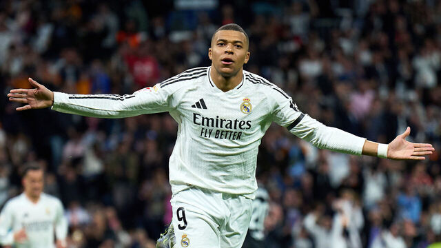 MADRID, SPAIN - MARCH 29: Kylian Mbappe of Real Madrid celebrates after scoring his team's first goal during the LaLiga match between Real Madrid CF and CD Leganes at Estadio Santiago Bernabeu on March 29, 2025 in Madrid, Spain.
