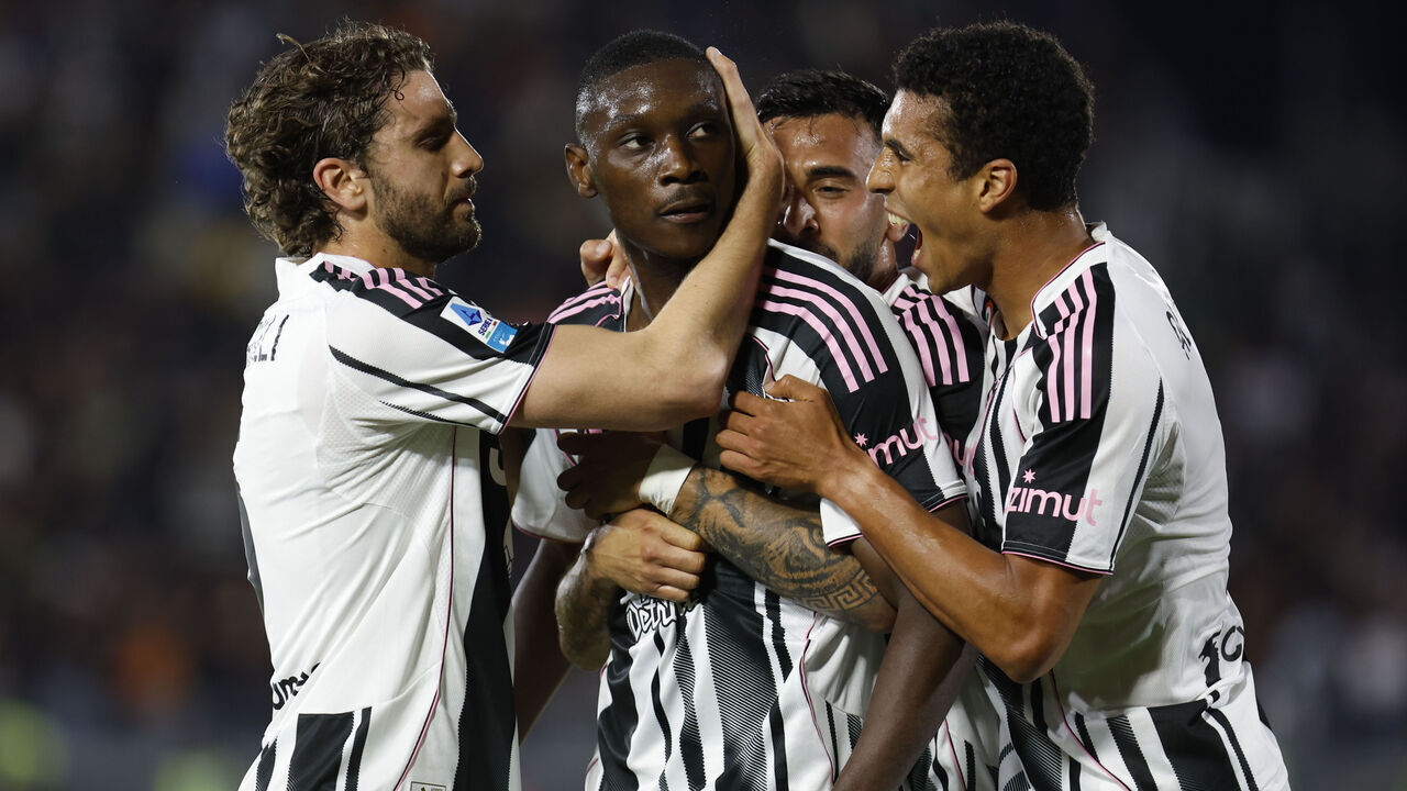 Juventus's ANDAL KOLO MUANI celebrates after scoring a goal during the Italian Serie A Enilive soccer championship football match between Venezia FC and Juventus FC at Pierluigi Penzo Stadium in Venezia, Italy, on May 25, 2025.