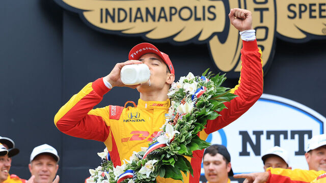 INDIANAPOLIS, INDIANA - MAY 25: Alex Palou, driver of the #10 DHL Chip Ganassi Racing Honda, celebrates in Victory Circle after winning the NTT IndyCar Series109th Running Of The Indianapolis 500 at Indianapolis Motor Speedway on May 25, 2025 in Indianapolis, Indiana.