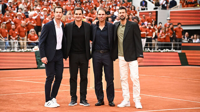 PARIS, FRANCE - MAY 25: Andy Murray, Roger Federer, Rafael Nadal and Novak Djokovic during a ceremony held in his honour on Day One of the 2025 French Open at Roland Garros on May 25, 2025 in Paris, France.