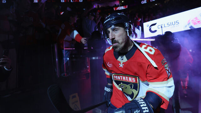 SUNRISE, FLORIDA - MAY 24: Brad Marchand #63 of the Florida Panthers heads out for the game against the Carolina Hurricanes in Game Three of the Eastern Conference Final of the 2025 Stanley Cup Playoffs at Amerant Bank Arena on May 24, 2025 in Sunrise, Florida. The Panthers defeated the Hurricanes 6-2.